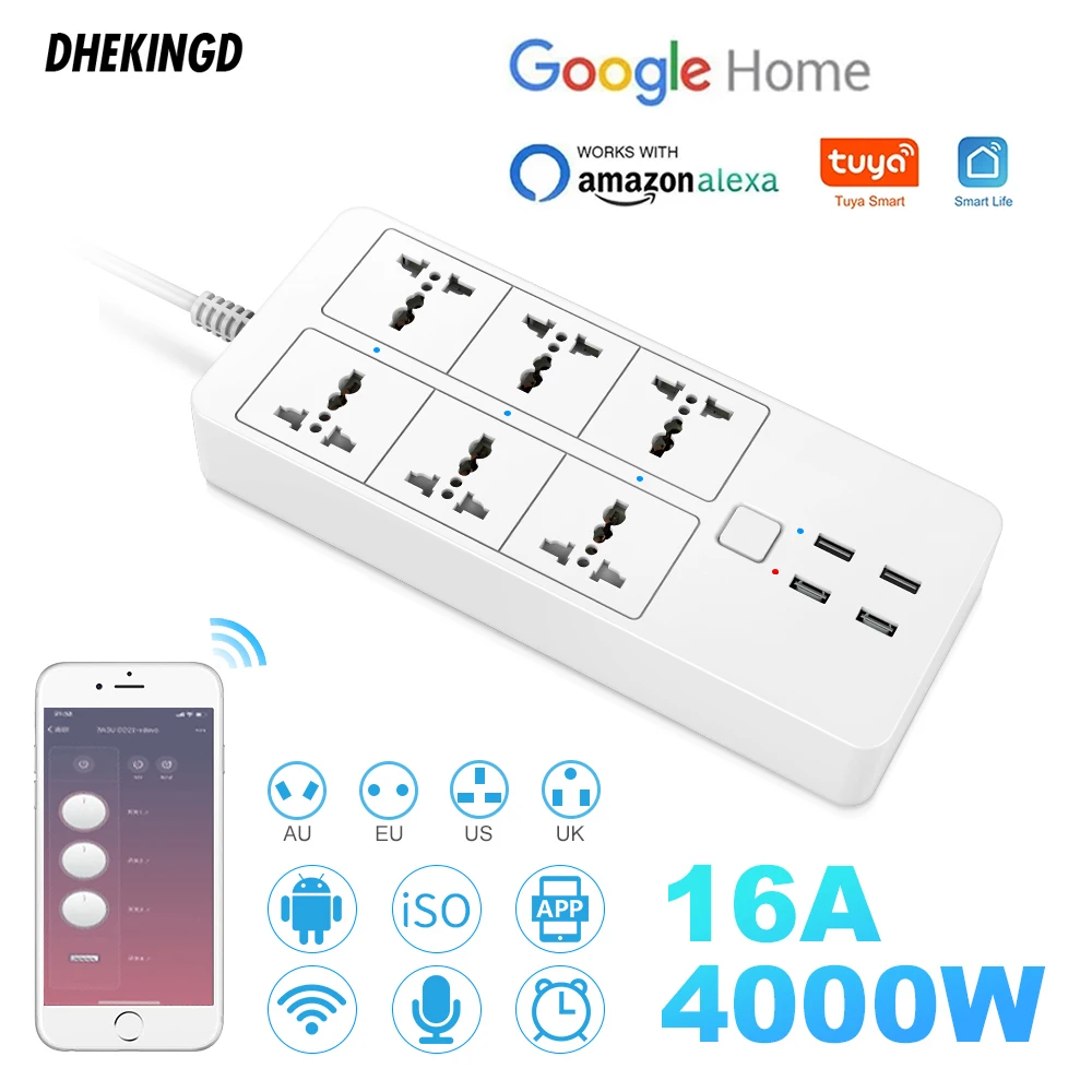 WIFI Smart Power Strip Universal with 5V3.1A Alexa Google Home Bluetooth Control Multi Plug 6AC 4USB Voice Control UK/EU/US/AU