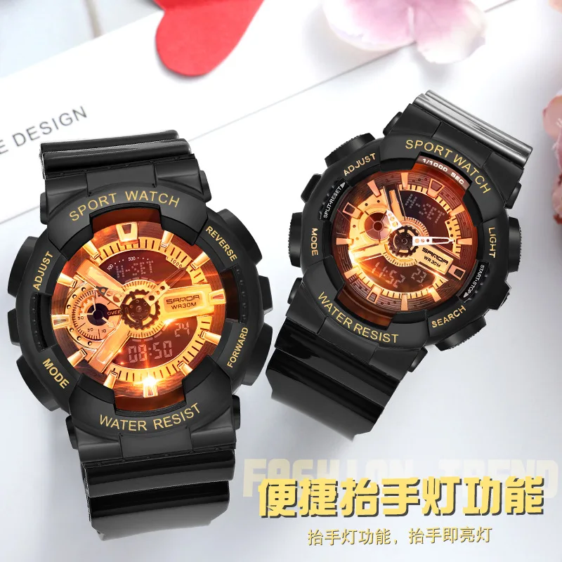 Couples Fashion Watches Raise Hand Light Double Display Electronic Sport Wristwatch Quartz Clock Waterproof Strap Lovers\' Gifts