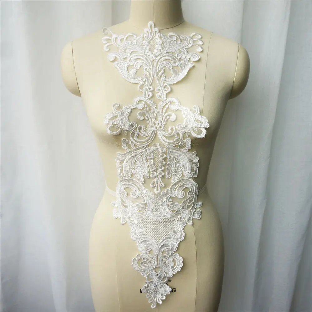 

White Lace Fabric Sequin Flora Embroidered Wedding Gown Appliques Baroque Collar Vintage Sew Patch For Dress DIY Decoration