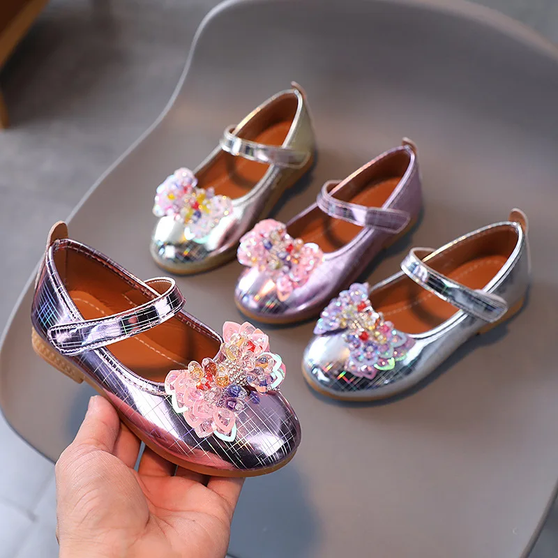 Children's Bright Leather Shoes Spring Girls Princess Elegant Shoes Spring Kids Rhinestone Bow Party Shoes G569