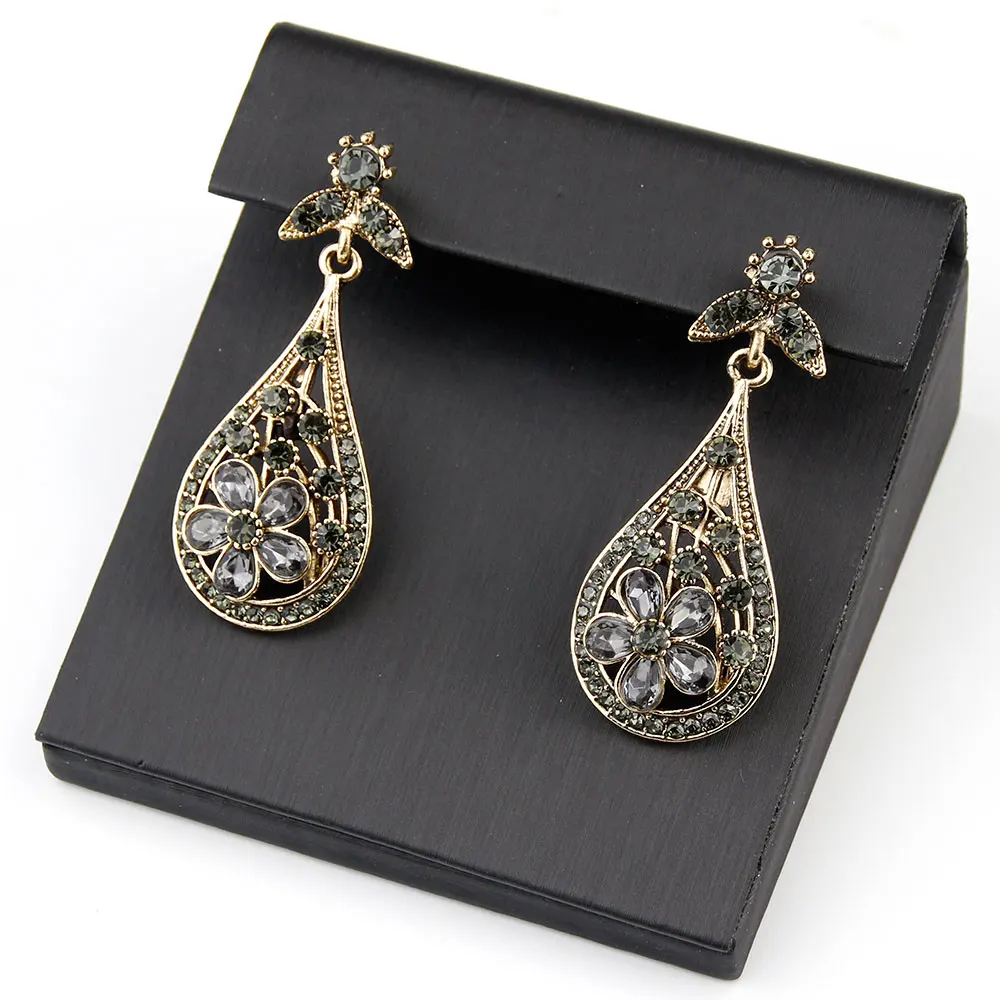 Sunspicems Bohemia Flower Drop Earring Women Grey Crystal Earring Antique Gold Color Turkish Wedding Jewelry Vintage Bridal Gift