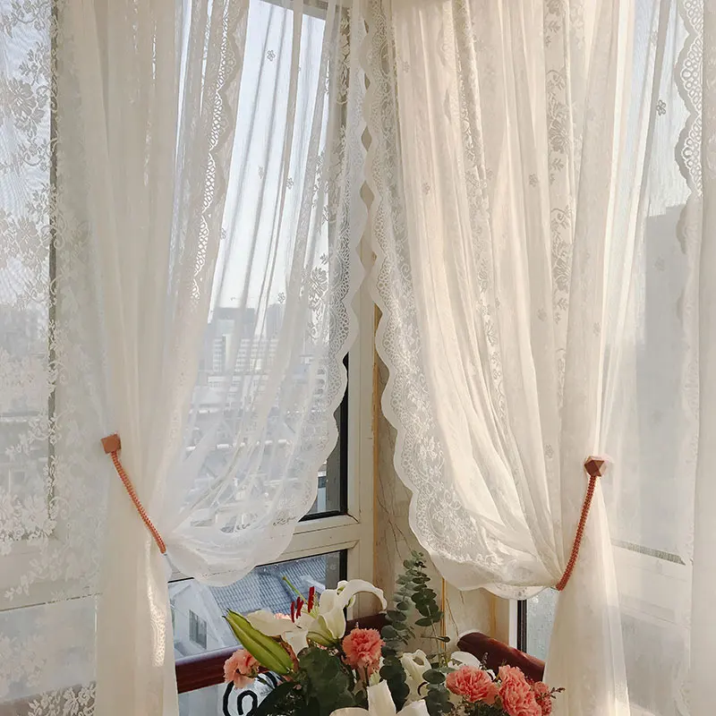 European White Lace Sheer Curtains for Living Room, Floral Voile, Tulle Window Curtain for Bedroom, Wedding Decor,  Kitchen Door