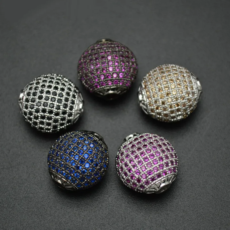 High Quality Muti Color Paved Real CZ Zircon 15mm Flat Oval Round Metal Beads DIY Fashion Jewelry Findings 5pc/lot