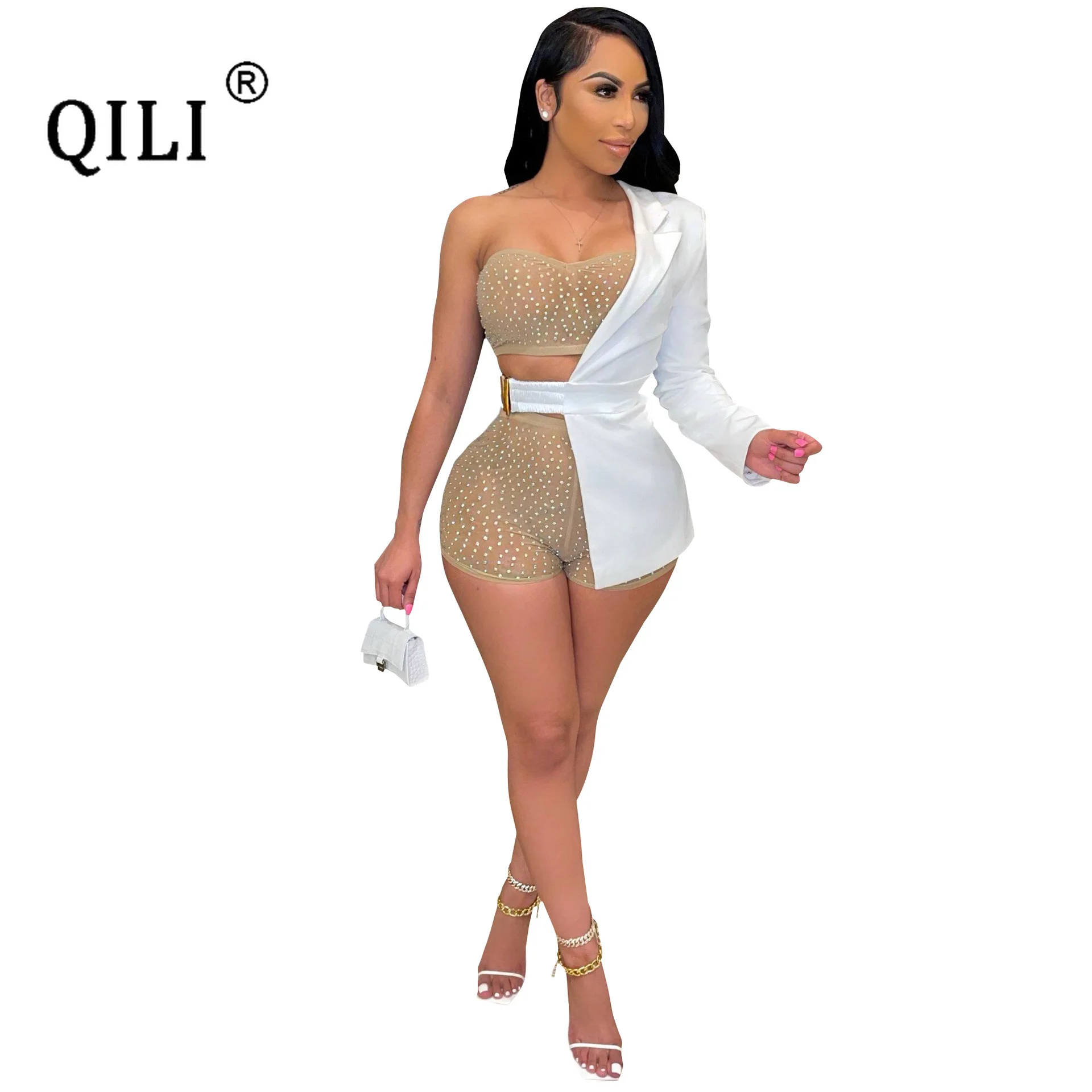 QILI-Diamonds Mesh Short Set for Women, One Shoulder, Sexy Top, Shorts, Suit, Matching Outfits, New Style