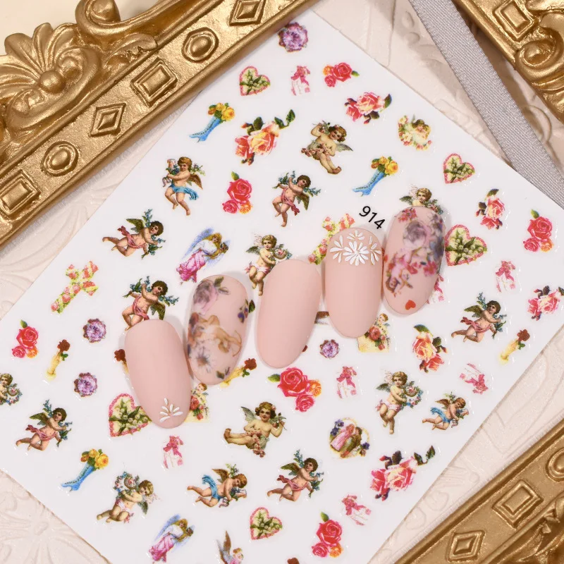 Beautiful nail art sticker fly angles feather baby flower heart printing 3D manicure decoration ultra thin nail decals YJ055