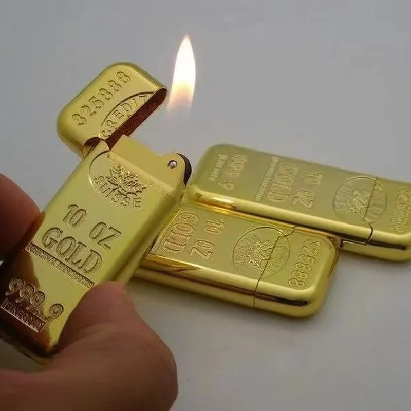 Luxury Compact Jet Gas Lighter Inflated Butane Bullion Oil Lighters Grinding Wheel Bar Gold Brick Metal Cigarette Accessories