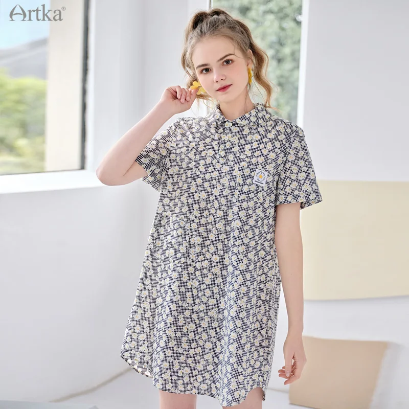 

ARTKA 2021 Summer New Women Dress 100% Cotton Elegant Daisy Print Shirts Dresses Loose Lapel Short Sleeve Midi Dress LA22012X