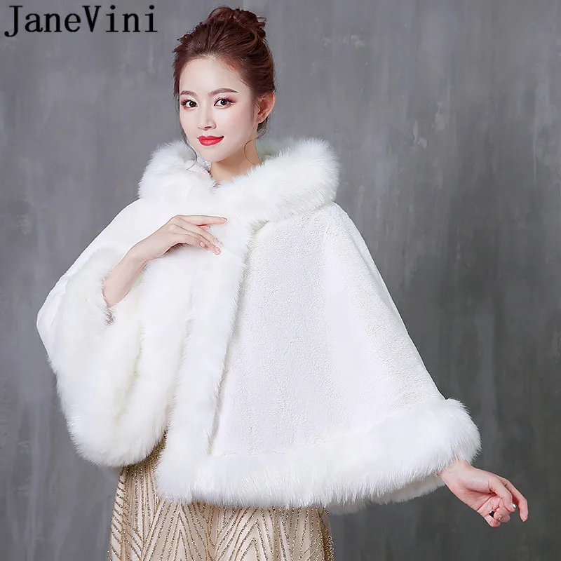 JaneVini Winter Women Fur Coat with Hat Hooded Faux Fur Wrap Wedding Dress Bolero White Shrugs Cloak Capes Stoles cape mariage