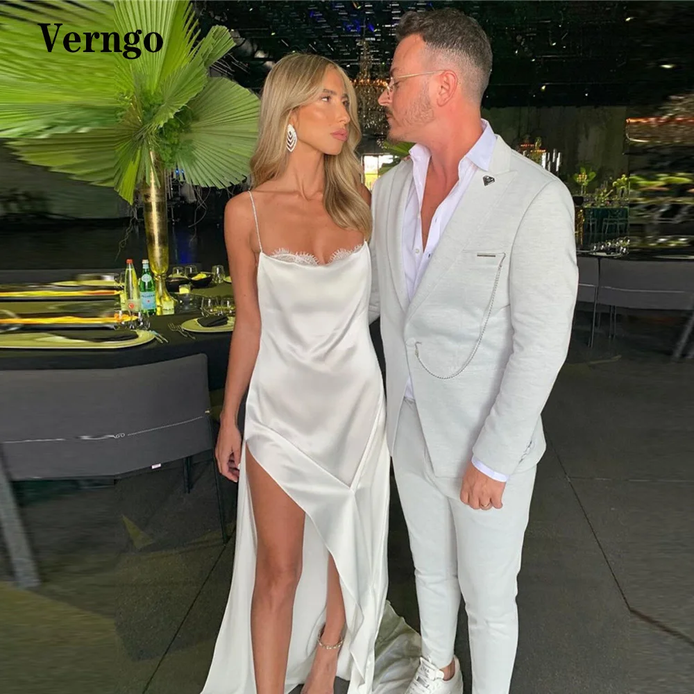 

Verngo Sexy White Spaghetti Straps Long Evening Party Dress Lace Neck Silk Satin Side Split Open Back Prom Gown Beach Customized