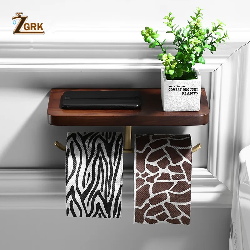 ZGRK Multi-function Double Toilet Paper Holder Wall Mounted Mobile Phone Rack Black Walnut Wood Bathroom Creative Roll Holder