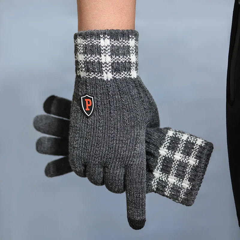 Winter Men\'s Gloves Touch Screen Knitted Gloves Outdoor Driving Touchscreen Mittens Vintage Plaid Unisex Warm Glove Fleece Thick