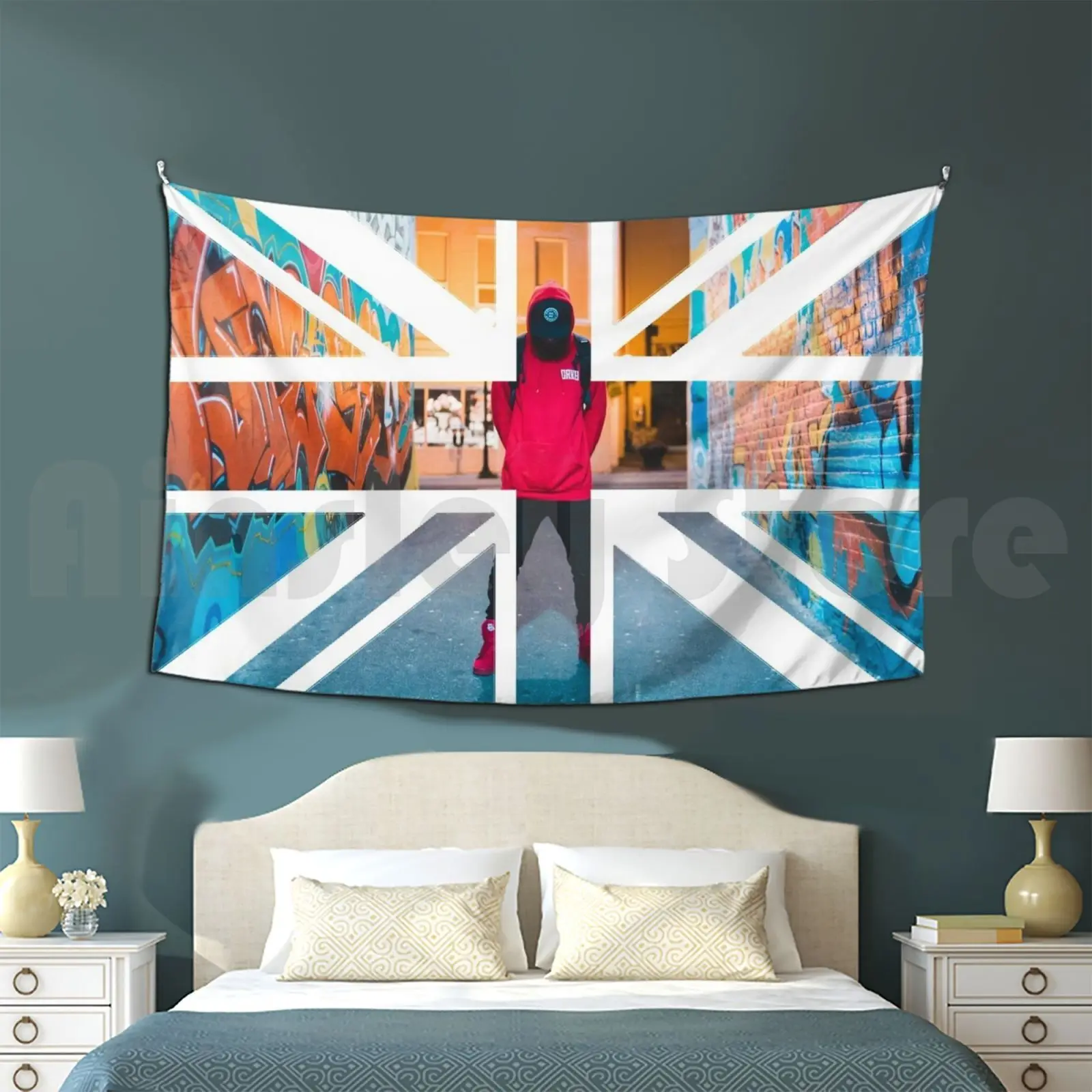 London Souvenir British Flag Man By Graffiti Background Photography Art Tapestry Living Room Bedroom London