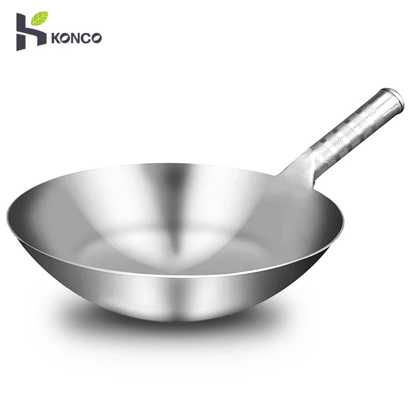 Konco 32cm Stainless Steel Wok Chinese Handmade Fry Pan Saute Pan High Quality Cooking Pan Non Stick Gas Wok 1.8mm Thick