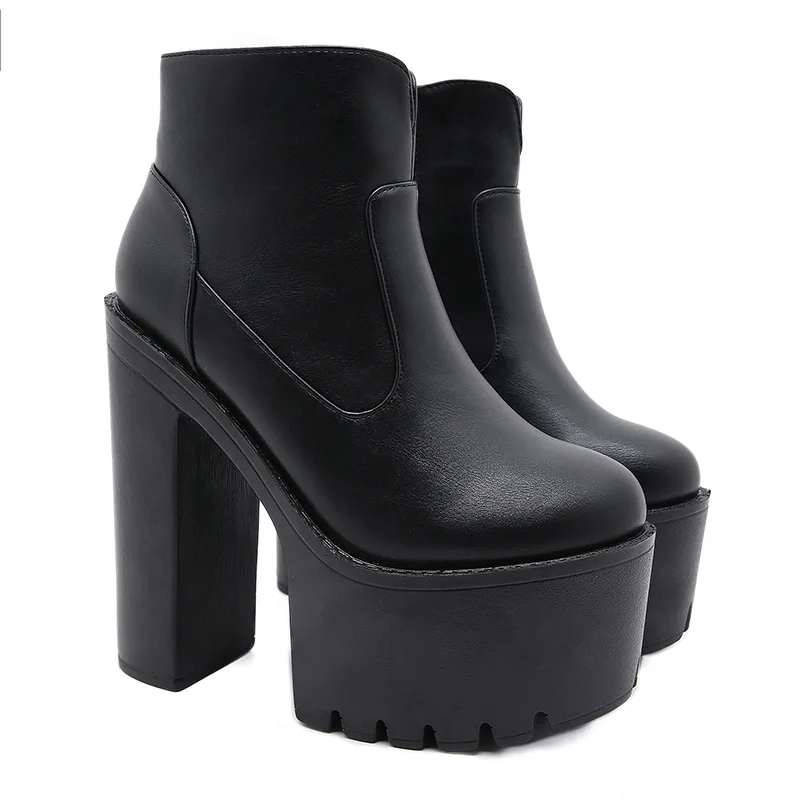 

High Quality Fashion Motorcycle Boots Women Leather Spring Autumn High Heels Shoes Zipper Black Ankle Boots Woman Lacing 35-42