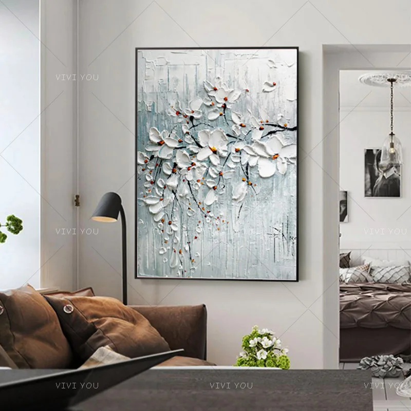 100% Handmade Textured Flower Canvas Oil Art, Grey Blue Abstract Magnolia, Modern Minimalist Living Room Wall Art