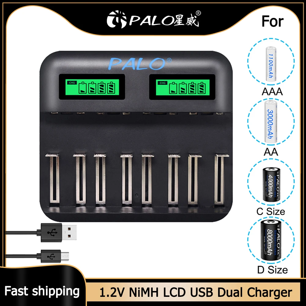 PALO USB Smart LCD Quick Charger AA AAA C D Battery Charger 8 Slots For 1.2V AA AAA SC C D NIMH NICD Rechargeable Battery