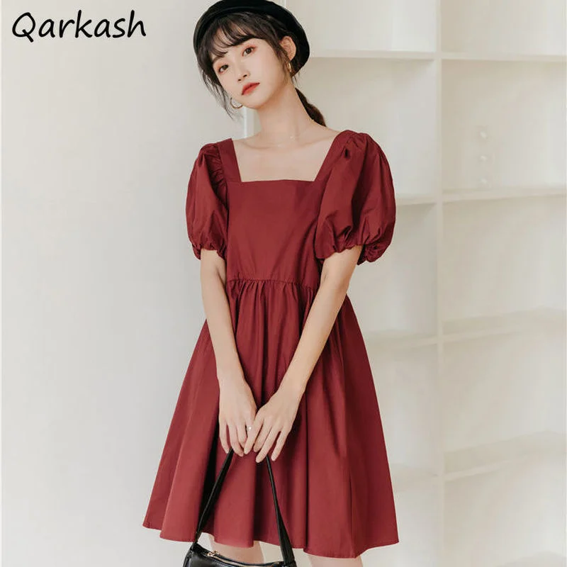 

Puff Sleeve Dress Women Mini Korean Style Simple Pure Color Summer Lovely College Fashion Vestidos Mujer Retro Ins Popular Daily