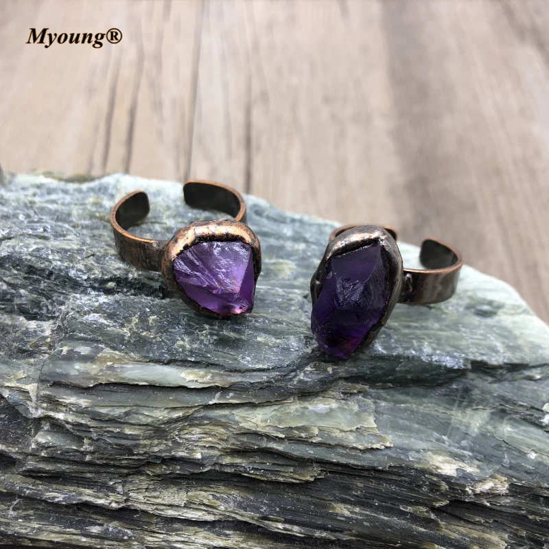 10PCS Bohemian Jewelry Fashion Natural  Raw Amethysts Crystal Quartz Adjustable Rings For Women  MY210405