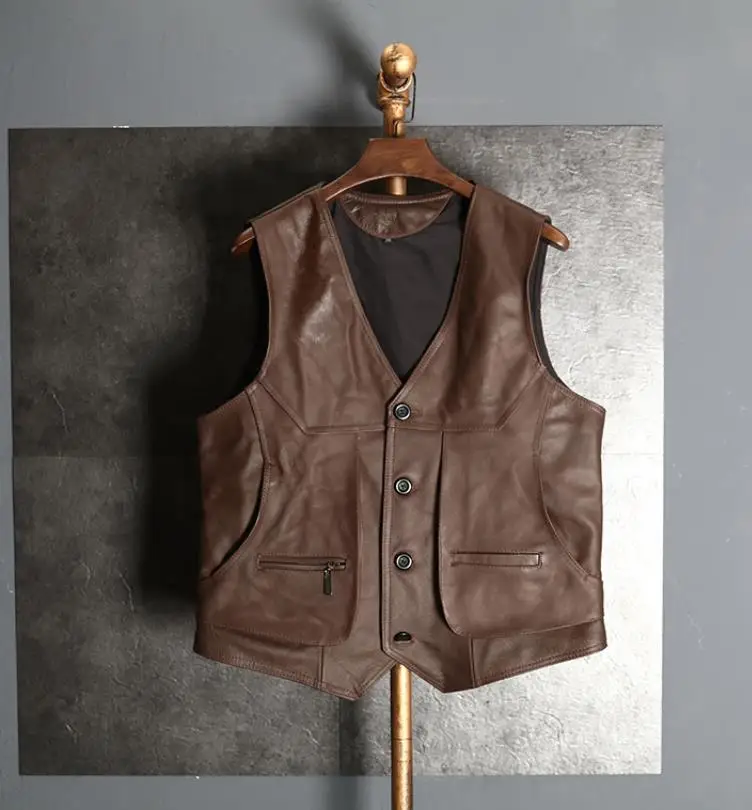 

Casual Cow Men's Genuine Vest Waistcoat Sleeveless Leather Jacket For Motorcycle Biker Brown Size L-8XL