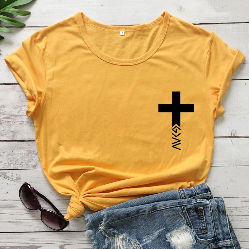 Pocket Print God Is Greater Than Highs And Lows T-shirt Women Religious Jesus Top Tee Shirt Catholic Christian Graphic Tshirt