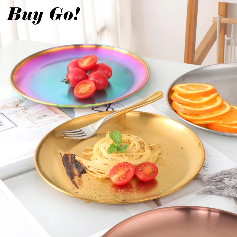 1/2PCS Stainless Steel Tableware Dinner Plate Food Container Salad Dessert Fruit Services Dish Western Steak Round Dessert Tray