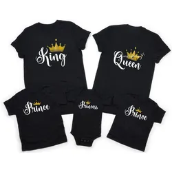 1pc Funny King Queen Prince Princess Family Matching Clothes Casual Father Son Mother and Daughter Shirts Gold Crown Print Tops