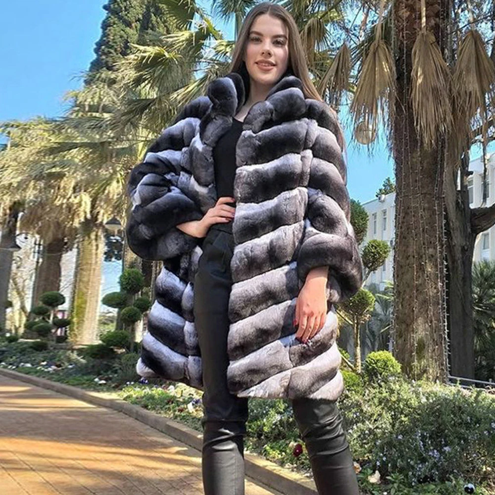 

Women Winter New Real Rex Rabbit Fur Coat High Quality Chinchilla Color Natural Rex Rabbit Fur Coats Stand Collar Fur Overcoats