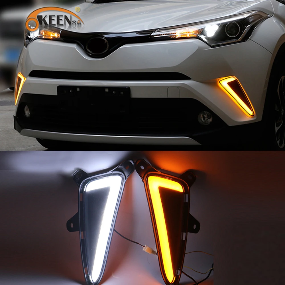 OKEEN  2Pcs LED Car Daytime Running Light For Toyota C-HR CHR 2016--2019 Streamer Turn Signal Fog Headlight  Auto  Accessory 12V