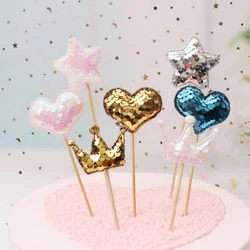 1pcs new heart star crown Sequins cake topper for Happy birthday cupcake flag baby shower kid party wedding decoration supplies