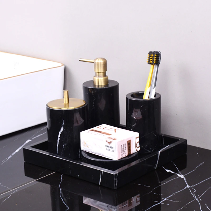 Nero Marquina Black Natural Marble Bathroom Accessories Sets Luxury Soap Dispenser Cups Tray Bathroom Kit