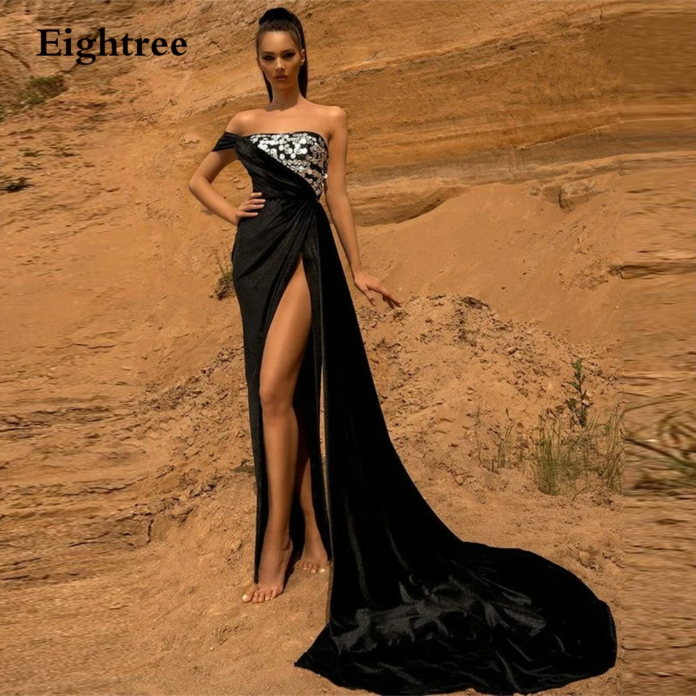 Eightree สีดำ Sequine Bling ยาวสาย Side Slit ชุดราตรีเรือ One Off Shoulder ชั้นความยาวชุดอย่างเป็นทางการชุด