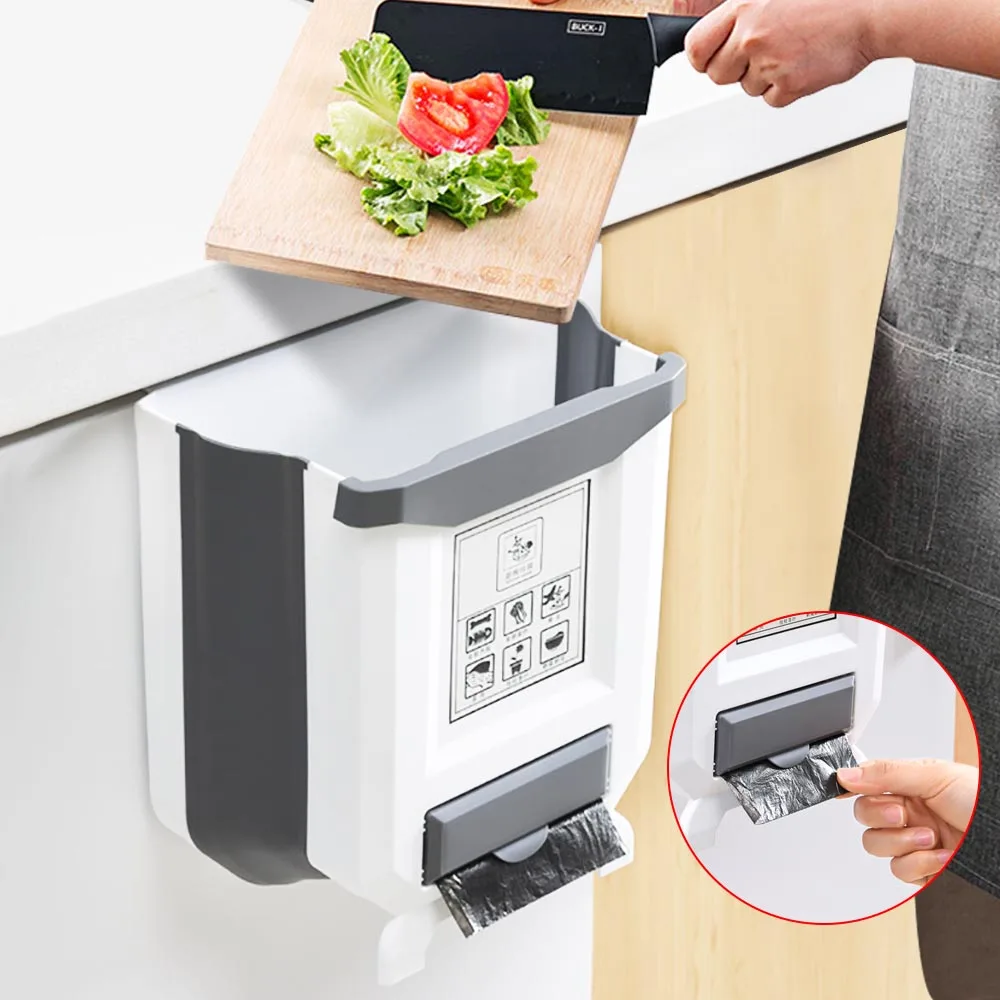 

Wall Mounted Folding Waste Bin Kitchen Cabinet Door Hanging Trash Bin Garbage Car Trash Can Wall Mounted Foldable Cleaning