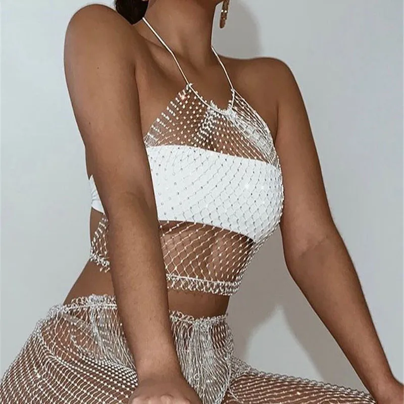 

Summer New O Neck Solid Sleeveless Tank Tops Bling Rhinestone Crystal Fishnet Grid Sexy See Through Adjustable Bandage Crop Top