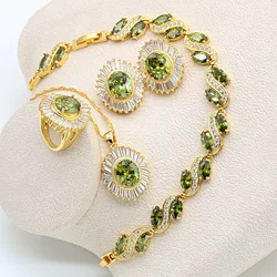 2022 New Green Peridot Yellow  Gold Jewelry Sets For Women Earrings Necklace Ring Pendant Bracelets