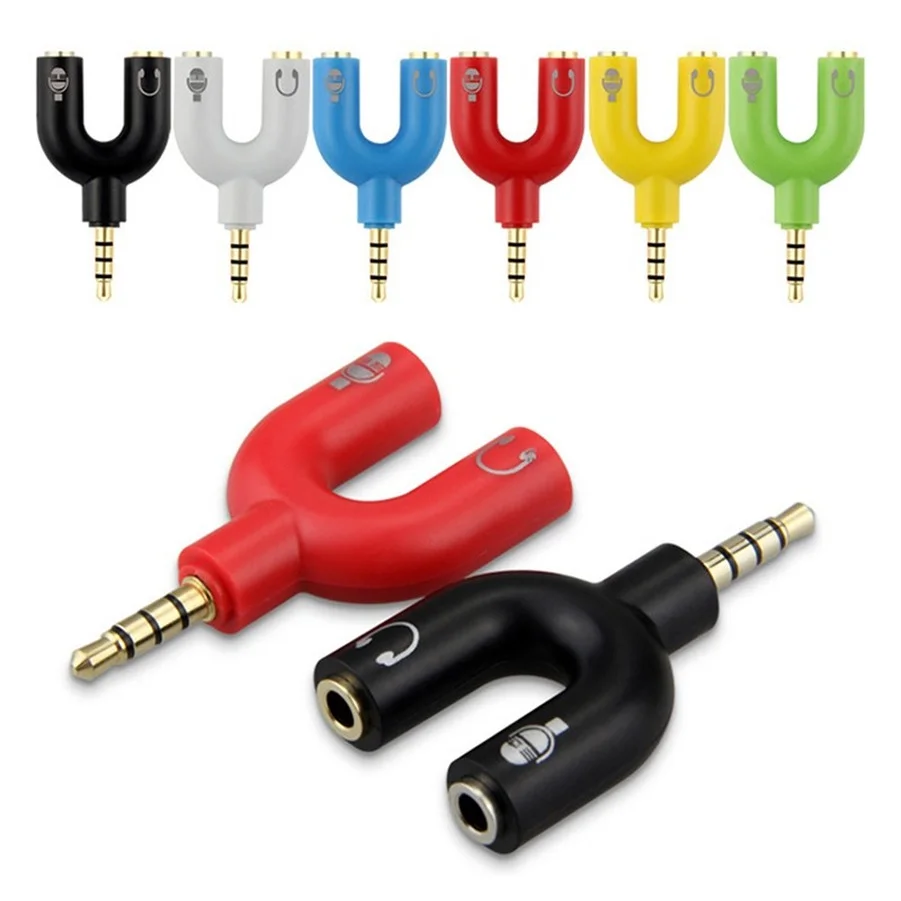 Hot Dual 3.5 MM Headphone Plug Audio Cables Splitter Microphone 2 in 1 U Type Adapter Connector for Smartphone MP3 MP4 Player