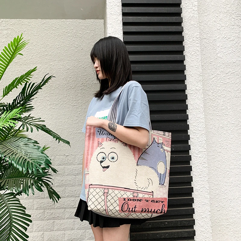 New Canvas Tote Bags for Women Cute Cartoon Dogs Cats Big Size Shopping Bag Female Girls Beach Shoulder Bag School Teacher Gift