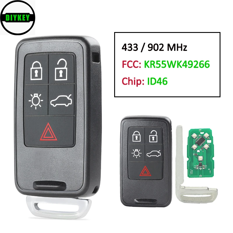 

DIYKEY Smart Remote Car Key Fob 5 Button ID46 Chip 433MHz / 902MHz for Volvo S60 S80 XC60 XC70 V70 V60 FCC ID: KR55WK49266