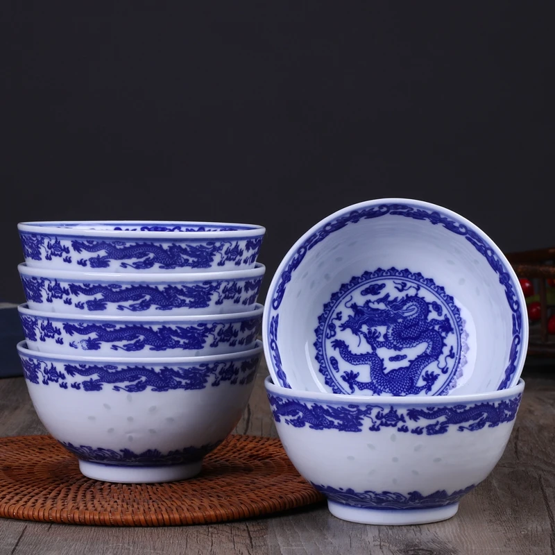 6PCS/Lot 4.5inch Jingdezhen Blue and White Porcelain Rice Bowls Ramen Soup Spoon Chinese Dragon Bowl Ceramic Kitchen Accessories