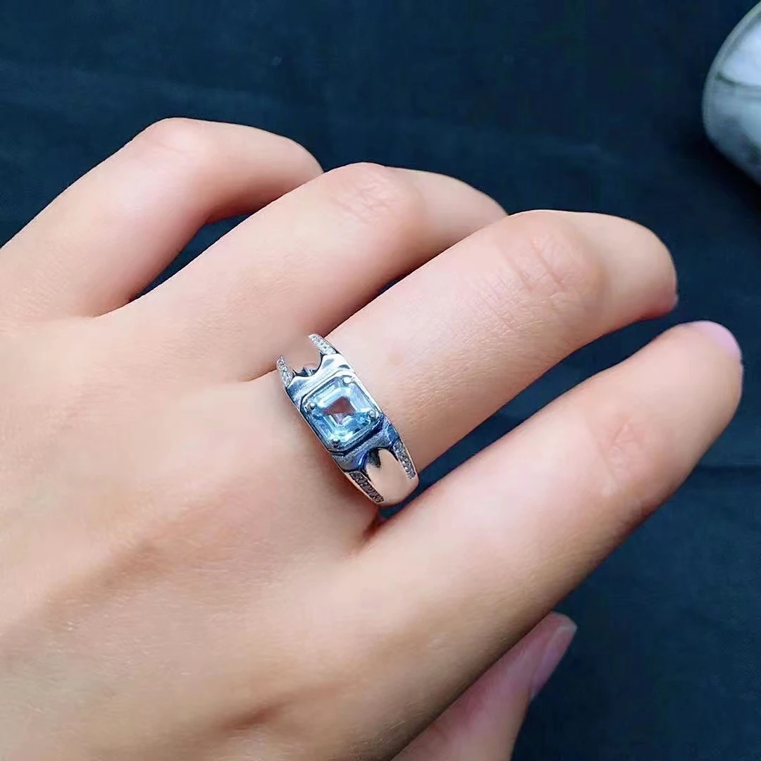 925 Silver Gemstone Man Ring 6mm Natural Aquamarine Ring for Man Fashion Sterling Silver Man Jewelry Gift for Boyfriend