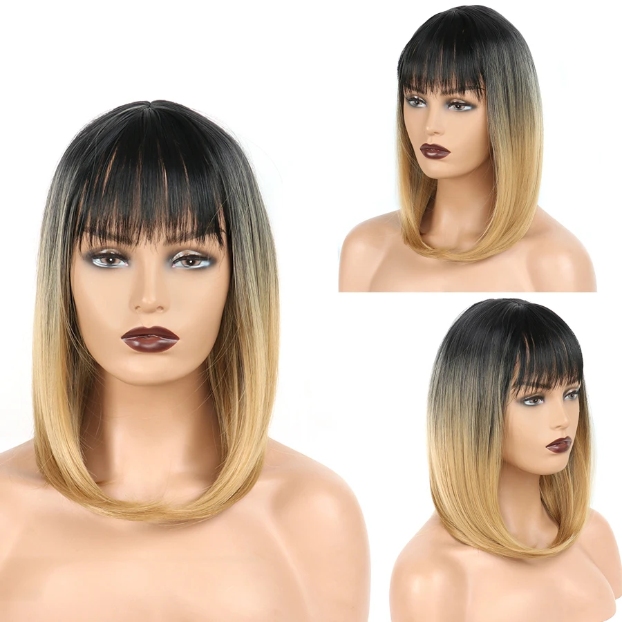 16inch Ombre Blonde Synthetic Wigs With Neat Bangs For  Women Heat Resistant Bangs Wig Blond Silky Straight Medium Long Wig