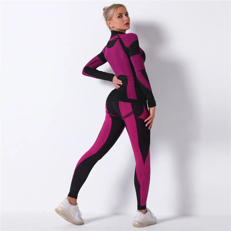 Women 2pcs Seamless Set Sport Suit Gymwear Workout Clothes Long Sleeve Gym Top High Waist Leggings Fitness Women Sets