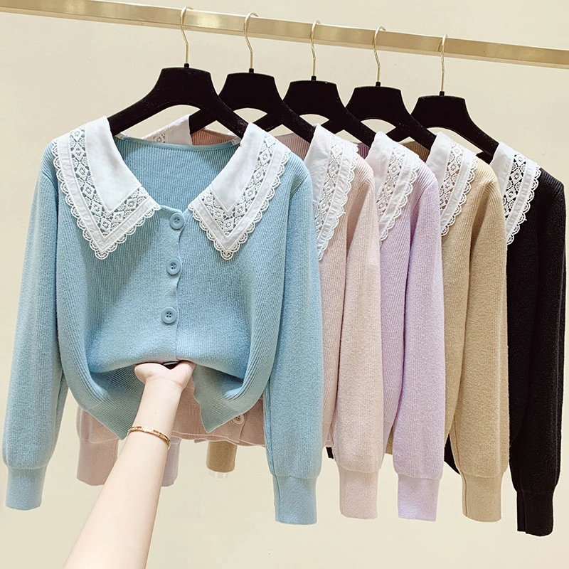 Autumn Winter cardigans 2021 New Fashion Lace Doll Collar Stitching Sweater Loose Casual Sweater Women's Trend Vintage cardigans