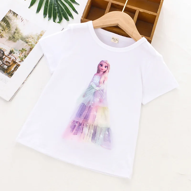 Disney Anime Frozen Summer Girls T Shirt Kawaii Elsa Princess T Shirt Cartoon Fashion Short Top Children Girl Birthday Gifts