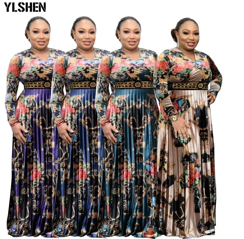 African Dinner Dresses For Women 2021 New Diamonds Spring Summer Elegant Gown Flowers Printed Dashiki Long Dress Ladies Clothing