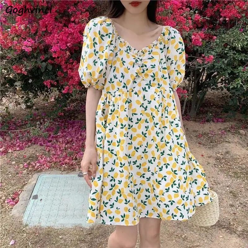 Summer Puff Sleeve Loose Floral Dress Women Square Collar Girls Sweet Leisure Temperament Knee-length Vestido Female Lovely Ins