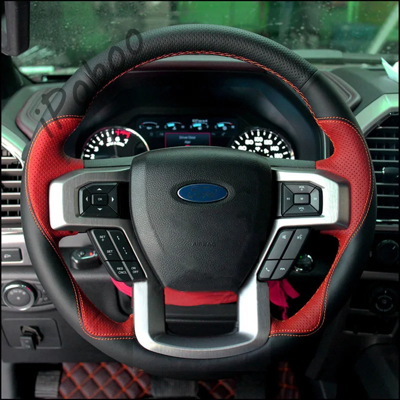 

DIY Black & Red Perforated Leather Steering Wheel Hand Sewing Wrap Cover Fit For FORD F-150 XL & XLT 2015-2020/ F250 2015-2020