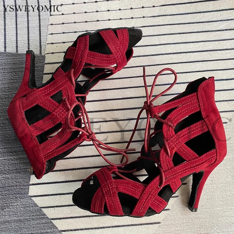 Damen Latin Dance Schuhe Rot Flanell 8,5 cm Spike Ferse Auf Bild Super Weiche Mode Stil Salsa Schuhe Für Frauen latin Dance Schuh