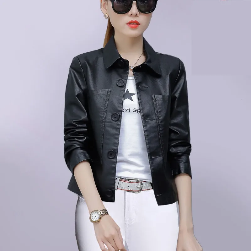 UHYTGF Leather Jacket Women Single-breasted PU Washed Leather Autumn Leather Coat Solid Color Wild Slim Short tops Big Size 827