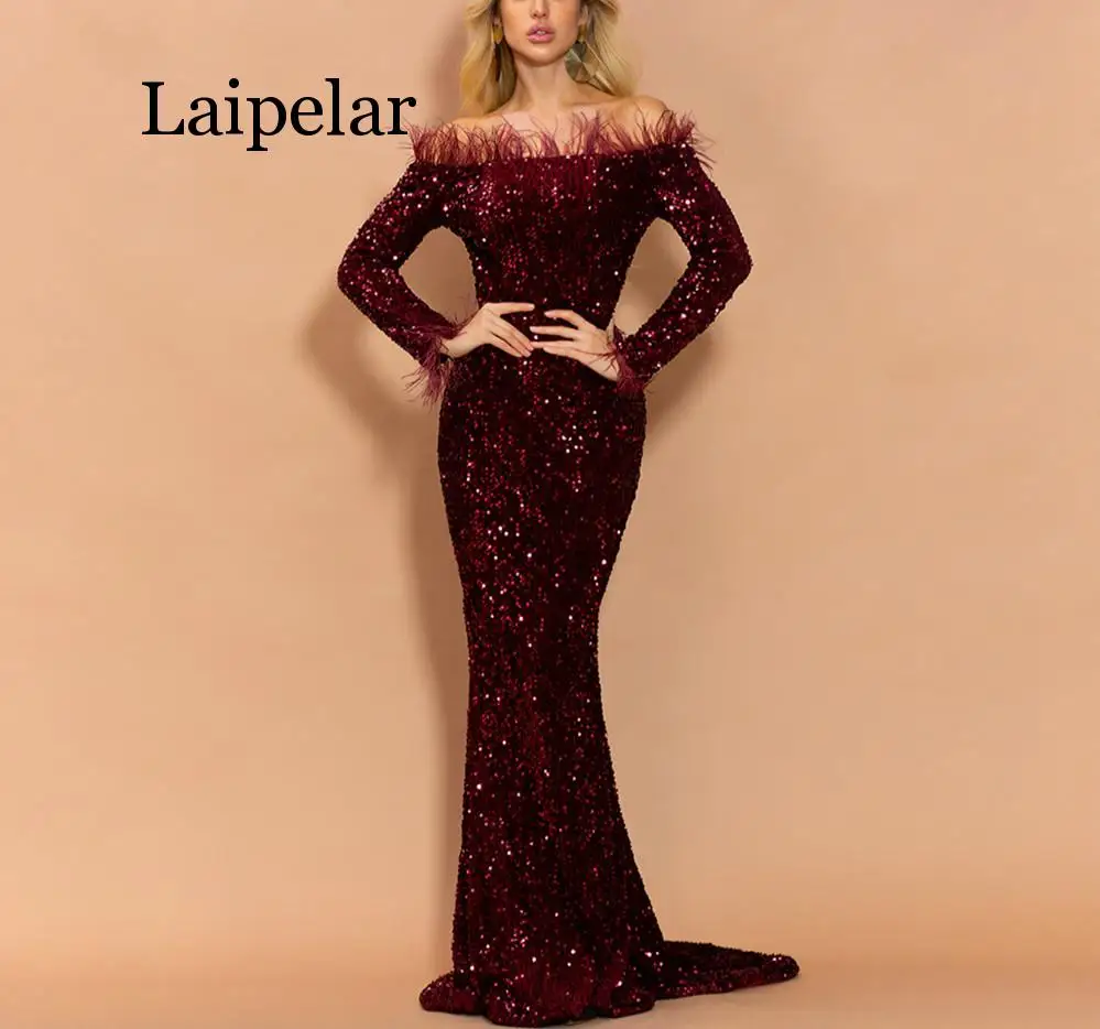 2020 Sexy Off Shoulder Feather LongSleeve Sequin floor length Evening party Maxi Reflective  Dress