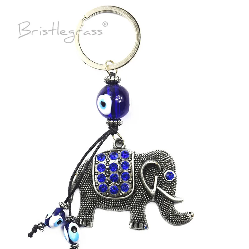 BRISTLEGRASS Turkish Blue Evil Eye Rhinestone Elephants Keychain Key Chain Ring Holder Amulets Lucky Charm Blessing Pendant Gift